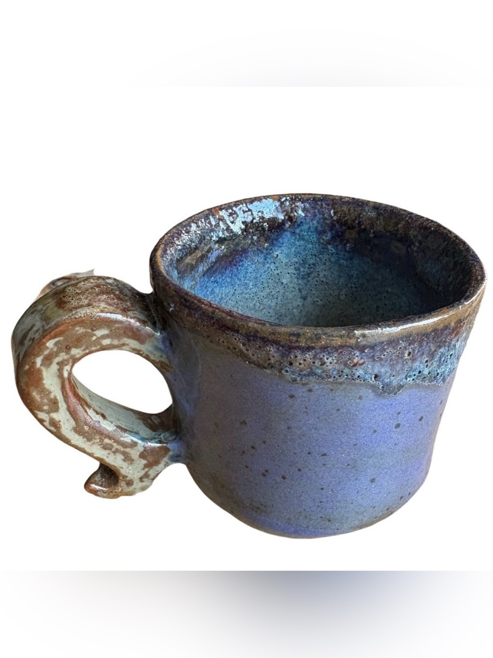 Handcrafted Pottery Mug in Blue Purple and Brown Signed